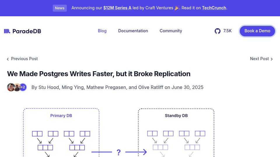 Screenshot of paradedb.com: We made Postgres writes faster, but it broke replication