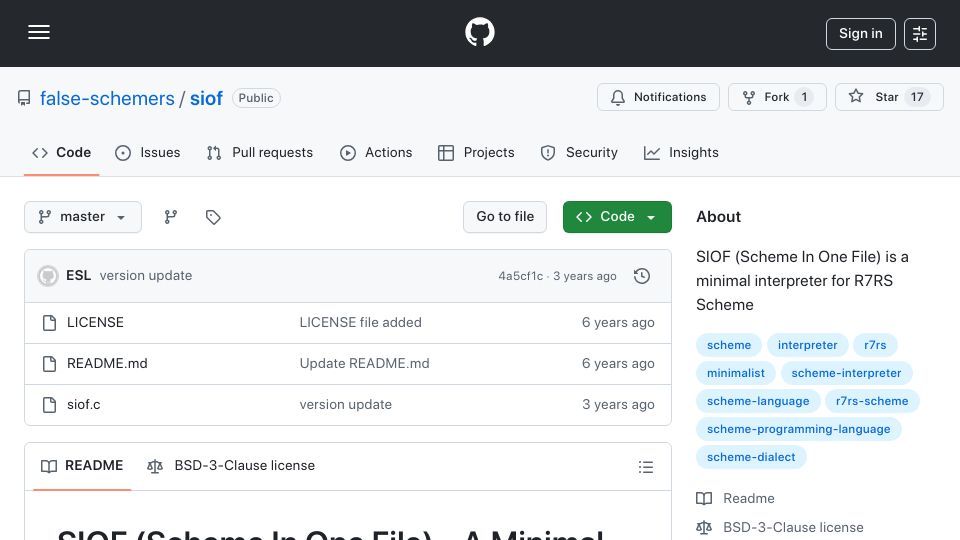 Screenshot of github.com: SIOF (Scheme in One File) – A Minimal R7RS Scheme System