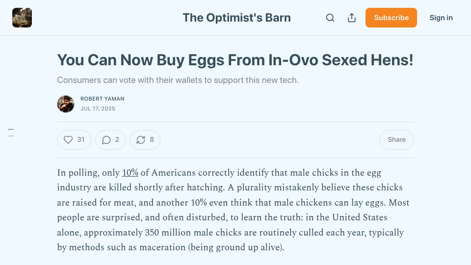 Screenshot of optimistsbarn.substack.com: You can now buy eggs from in-ovo sexed hens