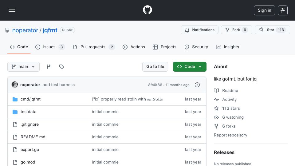 Screenshot of github.com: Jqfmt like gofmt, but for jq