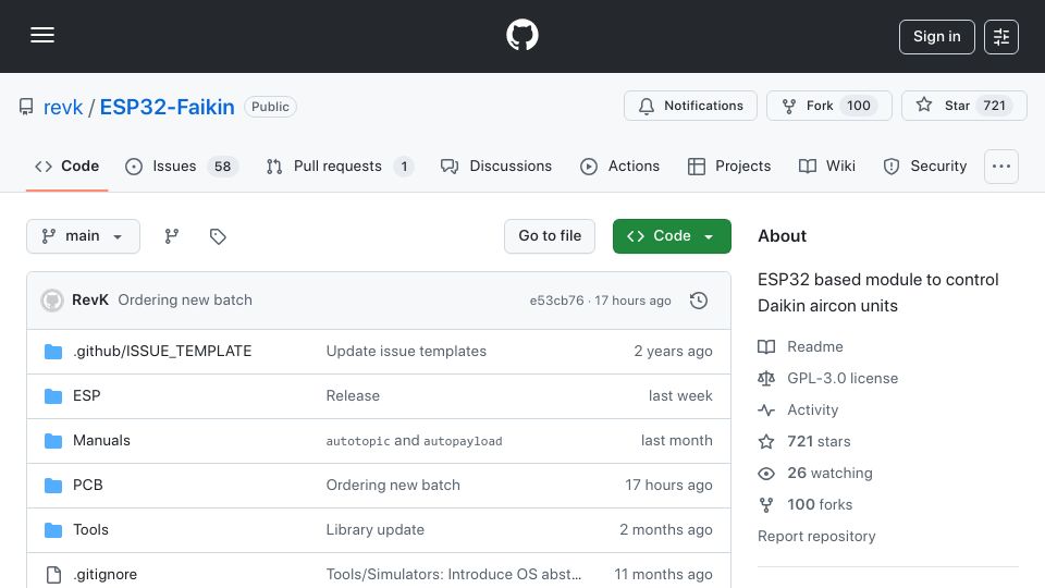 Screenshot of github.com: ESP32-Faikin: ESP32 based module to control Daikin aircon units