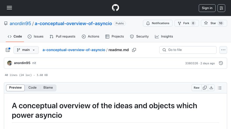Screenshot of github.com: A conceptual overview of asyncio