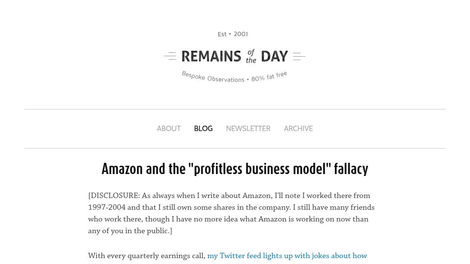 Screenshot of eugenewei.com: Amazon and the “Profitless Business Model” Fallacy