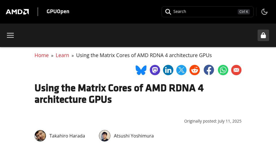 Screenshot of gpuopen.com: Using the Matrix Cores of AMD RDNA 4 architecture GPUs