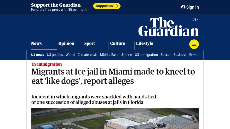 Screenshot of theguardian.com: Migrants at Ice jail in Miami made to kneel to eat 'like dogs'