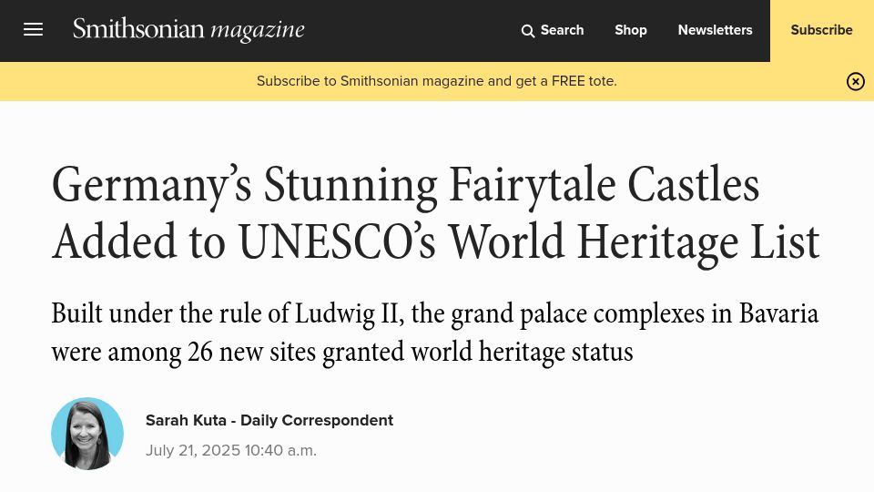 Screenshot of smithsonianmag.com: Germany's Fairytale Castles Added to UNESCO's World Heritage List