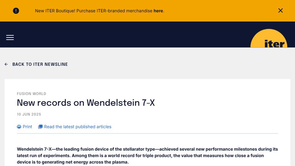 Screenshot of iter.org: New records on Wendelstein 7-X