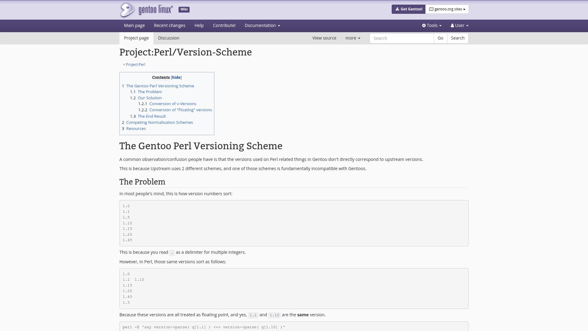 Screenshot of wiki.gentoo.org: The Gentoo Perl versioning scheme
