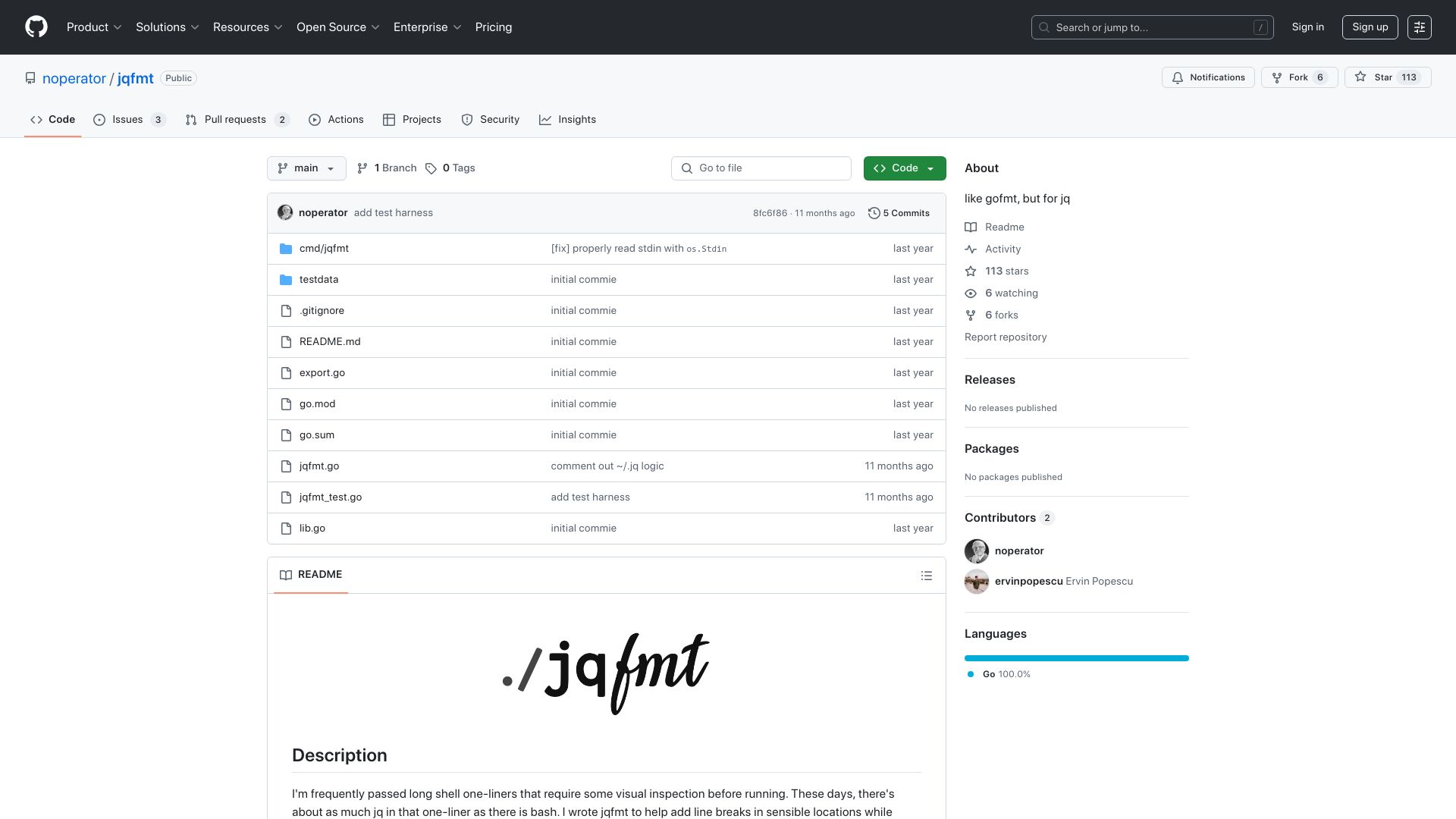 Screenshot of github.com: Jqfmt like gofmt, but for jq