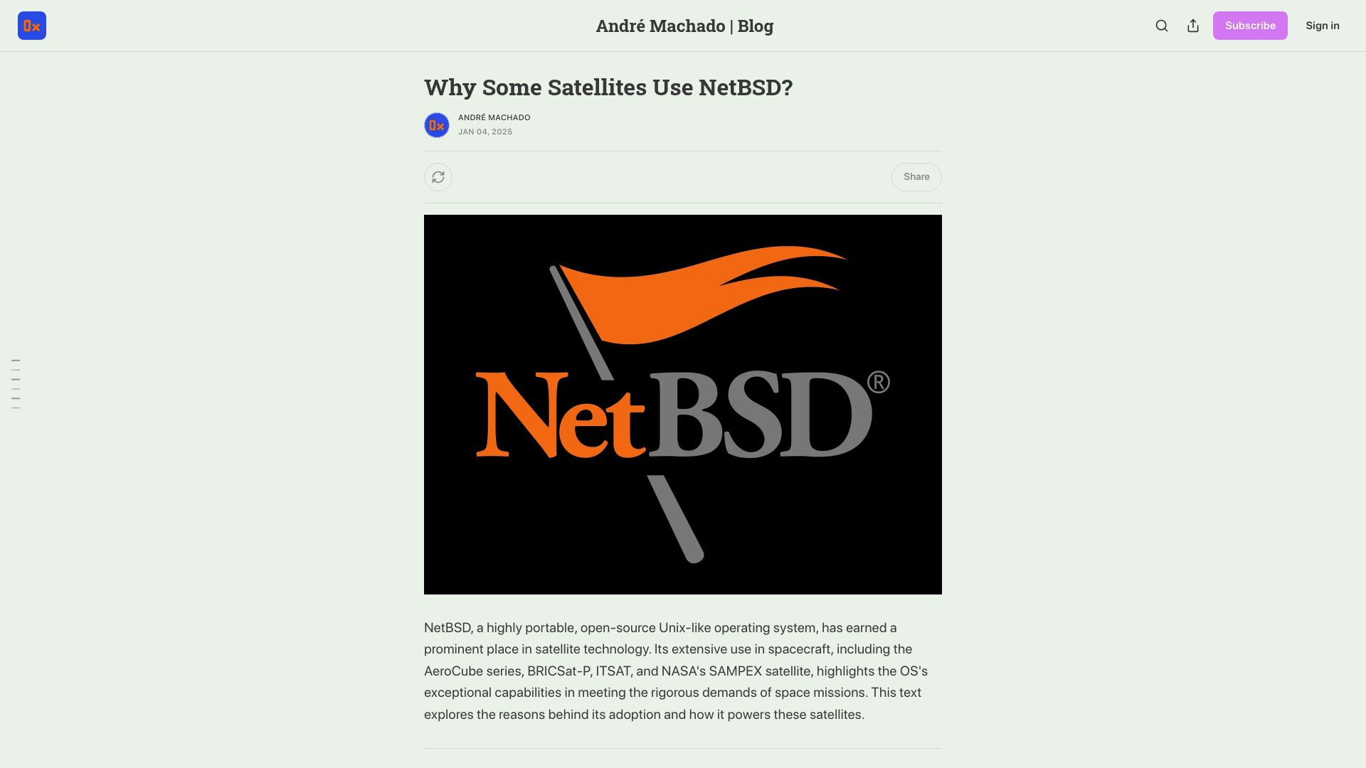 Screenshot of machaddr.substack.com: Why Some Satellites Use NetBSD?