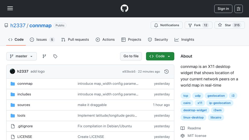 Screenshot of github.com: Show HN: X11 desktop widget that shows location of your network peers on a map