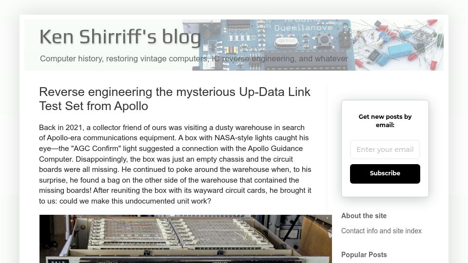 Screenshot of righto.com: Reverse Engineering the Mysterious Up-Data Link Test Set from Apollo