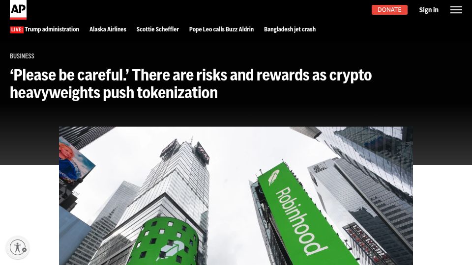 Screenshot of apnews.com: Cryptocurrency exchanges begin offering tokenized securities