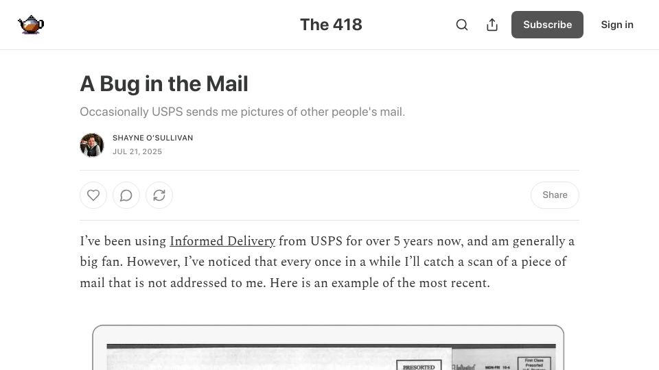 Screenshot of the418.substack.com: Occasionally USPS sends me pictures of other people's mail