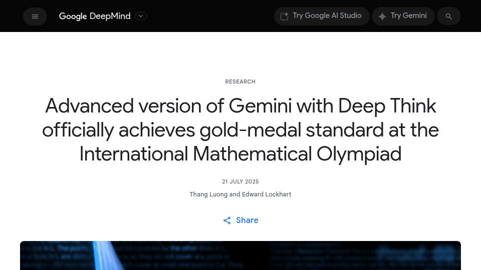 Screenshot of deepmind.google: Gemini with Deep Think achieves gold-medal standard at the IMO