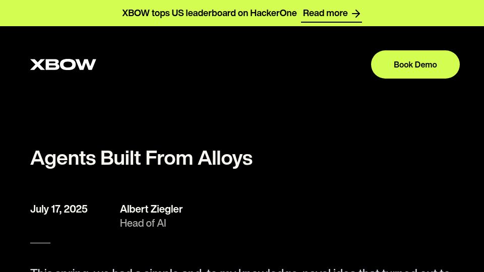Screenshot of xbow.com: Agents built from alloys
