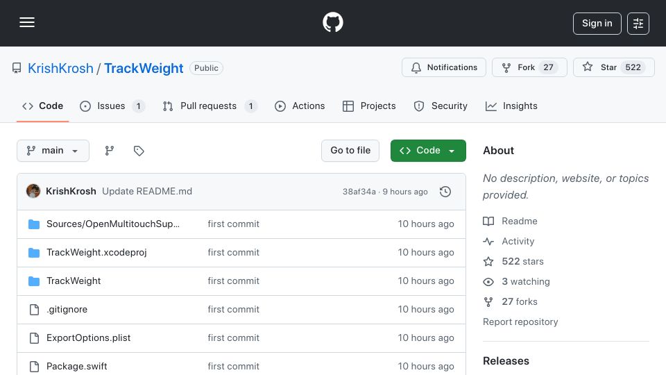 Screenshot of github.com: TrackWeight: Turn your MacBook's trackpad into a digital weighing scale