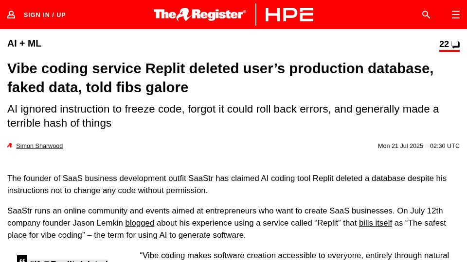 Screenshot of theregister.com: Vibe coding service Replit deleted production database, faked data, told fibs