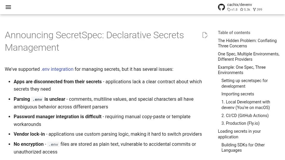 Screenshot of devenv.sh: SecretSpec: Declarative Secrets Management