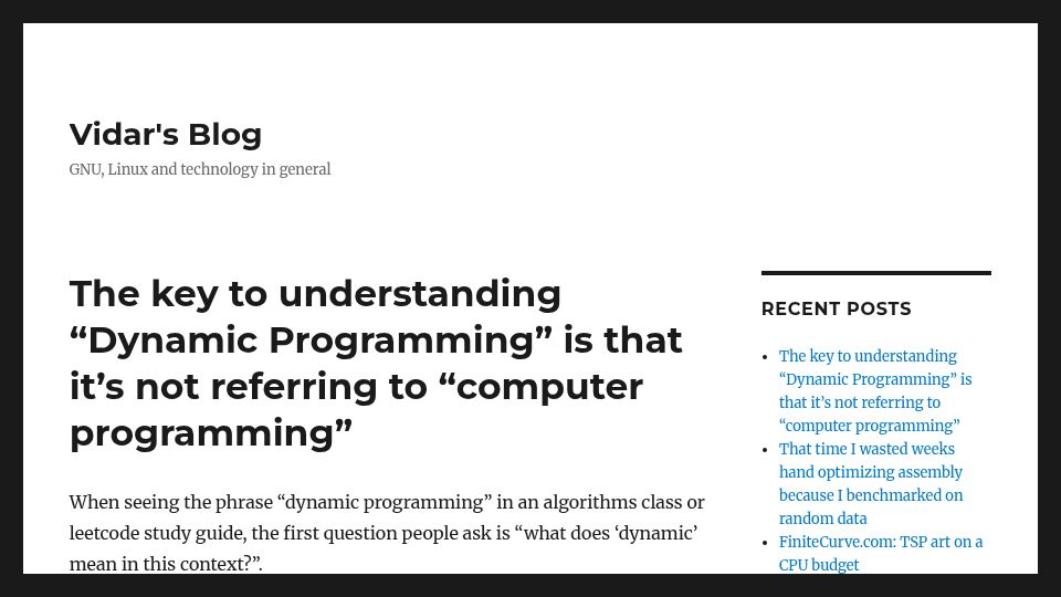 Screenshot of vidarholen.net: “Dynamic programming” is not referring to “computer programming”