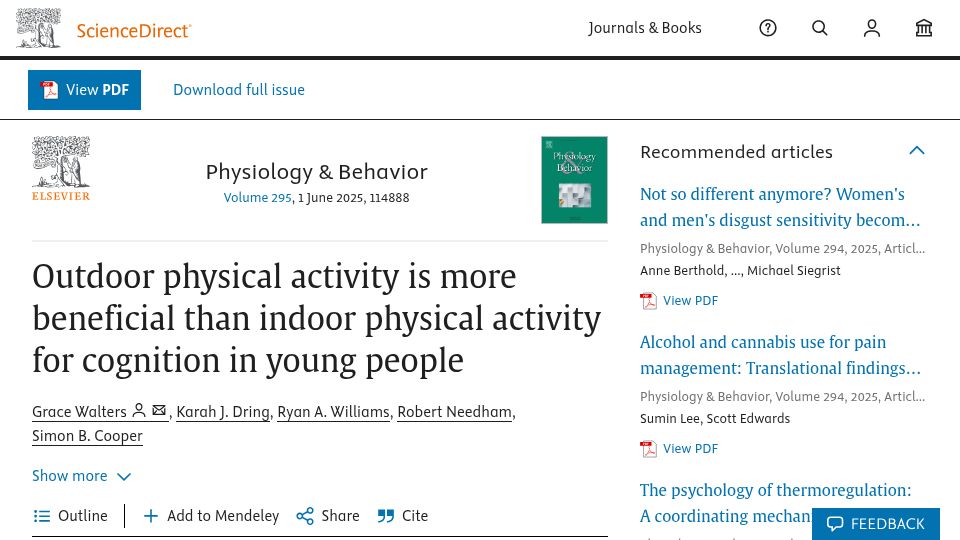 Screenshot of sciencedirect.com: Outdoor activity is better for cognition than indoor activity in young people