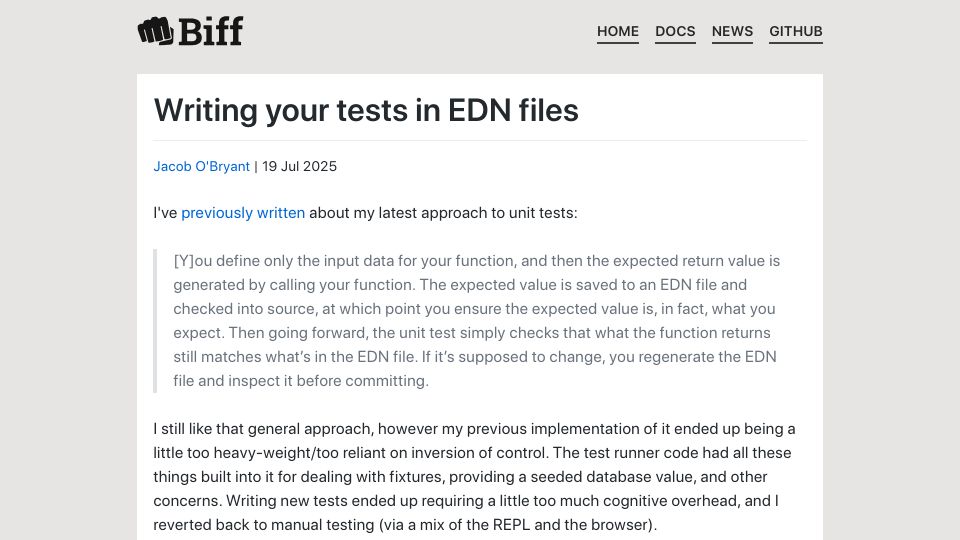 Screenshot of biffweb.com: Writing your Clojure tests in EDN files