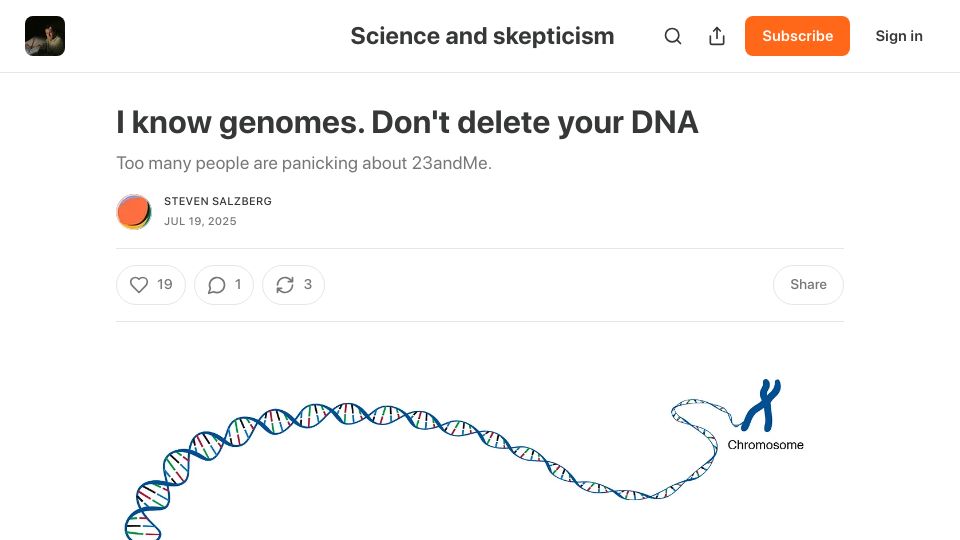 Screenshot of stevensalzberg.substack.com: I know genomes and I didn’t delete my data from 23andMe