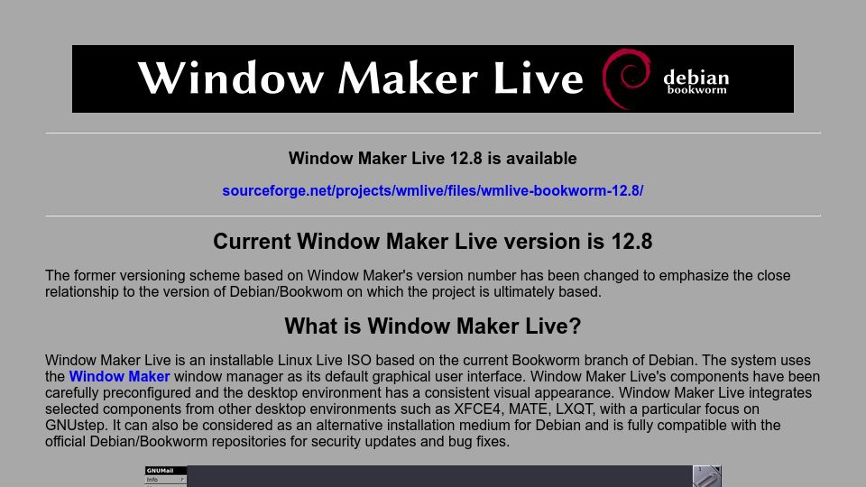 Screenshot of wmlive.sourceforge.net: Modern Debian-based Window Maker distribution