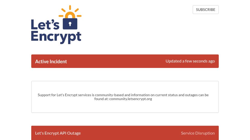 Screenshot of letsencrypt.status.io: LetsEncrypt Outage