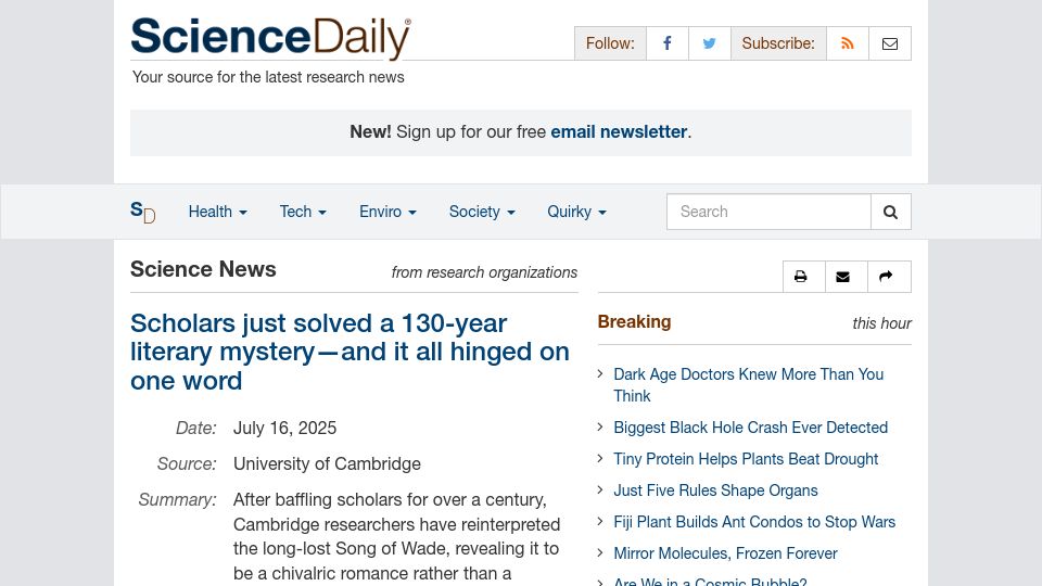 Screenshot of sciencedaily.com: Scholars solved a 130-year literary mystery and it hinged on one word