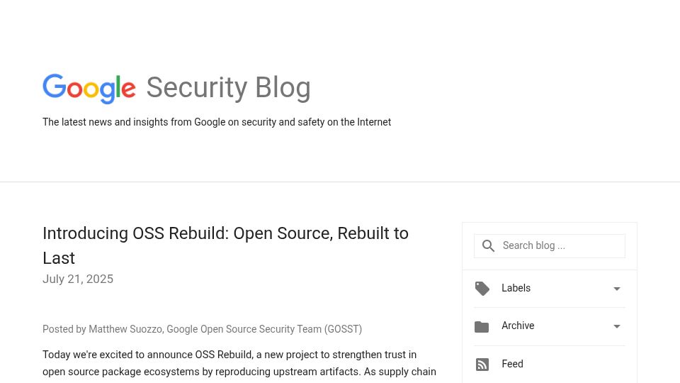 Screenshot of security.googleblog.com: OSS Rebuild: open-source, rebuilt to last