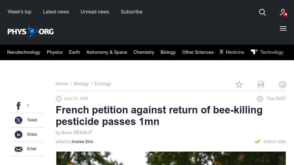 Screenshot of phys.org: French petition against return of bee-killing pesticide passes 1M