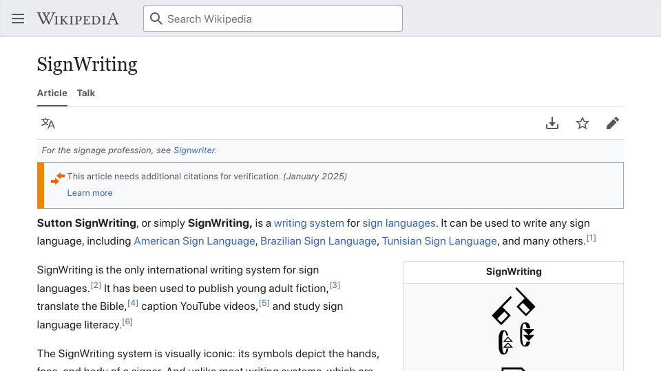 Screenshot of en.m.wikipedia.org: Sutton SignWriting is a writing system for sign languages