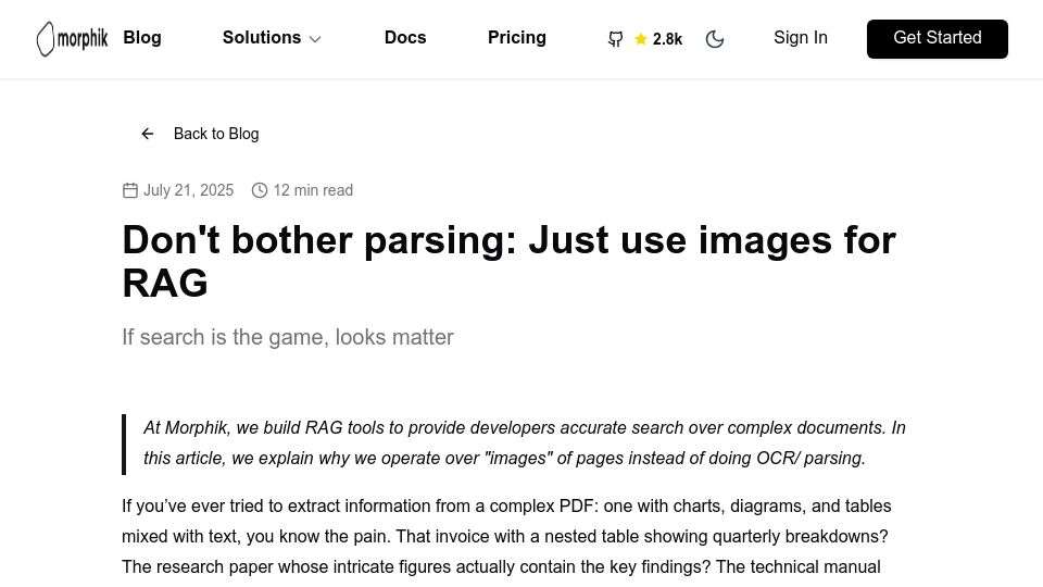 Screenshot of morphik.ai: Don't bother parsing: Just use images for RAG