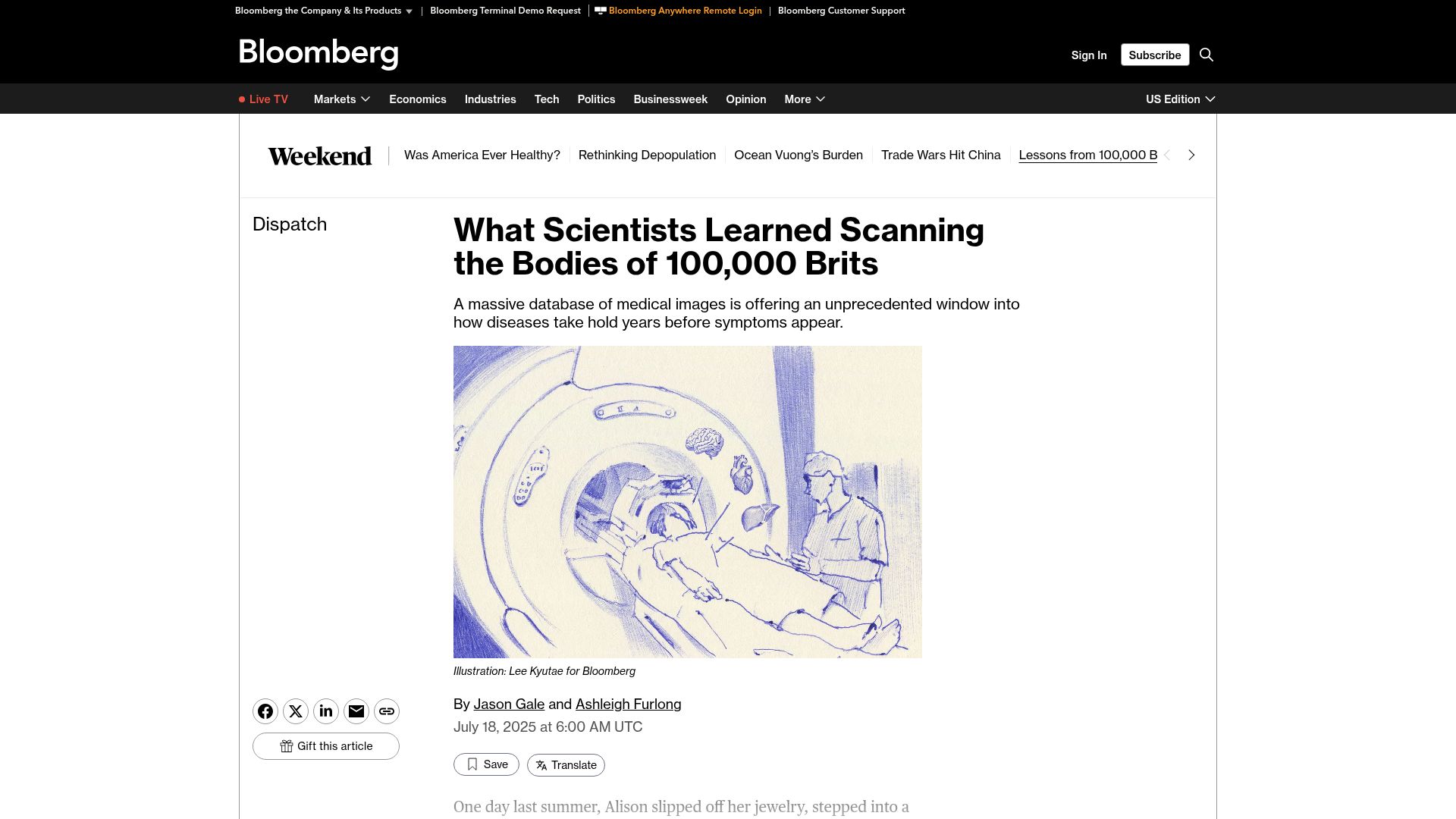 Screenshot of bloomberg.com: An unprecedented window into how diseases take hold years before symptoms appear