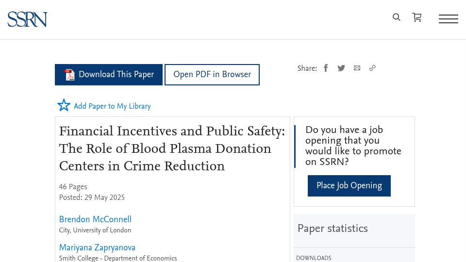 Screenshot of papers.ssrn.com: The Role of Blood Plasma Donation Centers in Crime Reduction
