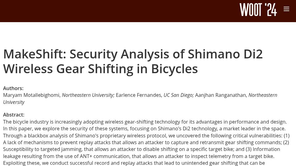 Screenshot of usenix.org: MakeShift: Security Analysis of Shimano Di2 Wireless Gear Shifting in Bicycles