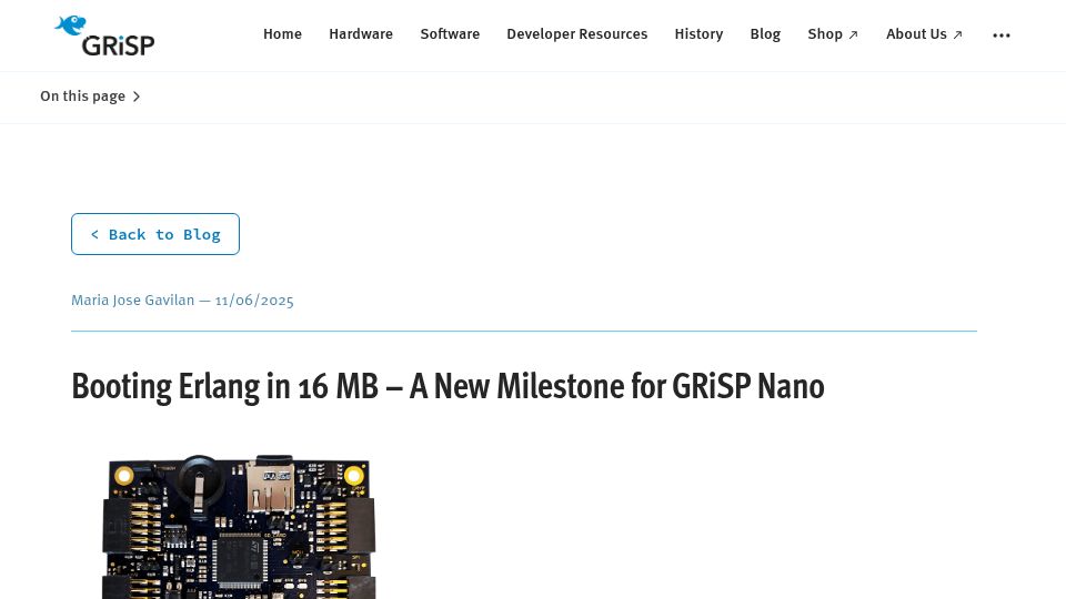 Screenshot of grisp.org: Erlang 28 on GRiSP Nano using only 16 MB