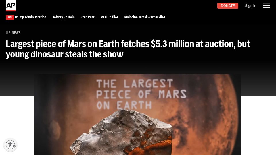 Screenshot of apnews.com: Largest piece of Mars on Earth fetches $5.3M at auction