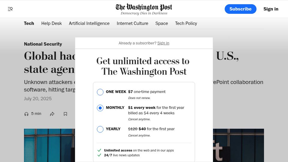 Screenshot of washingtonpost.com: Global hack on Microsoft Sharepoint hits U.S., state agencies, researchers say