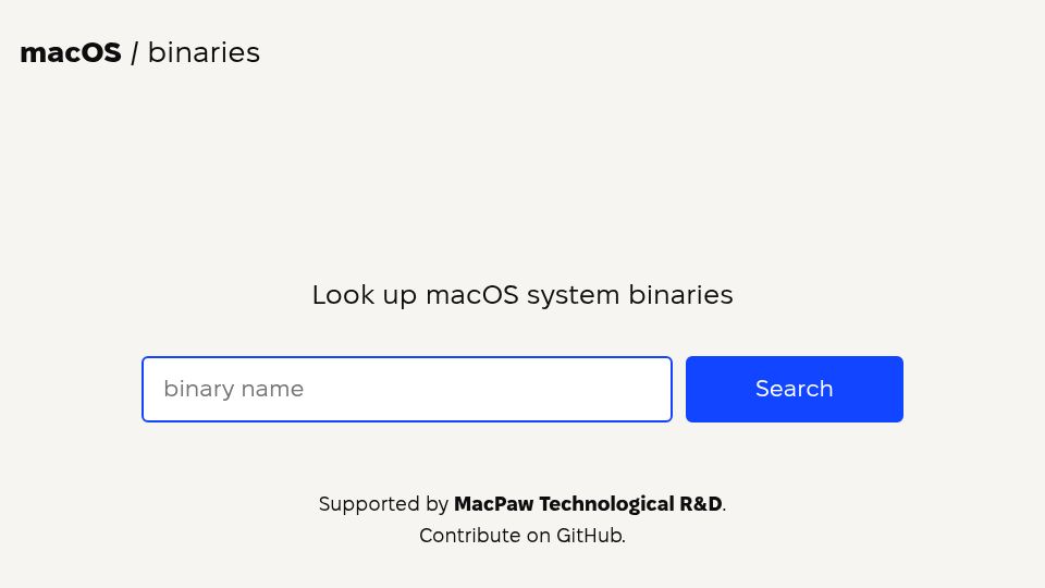 Screenshot of macosbin.com: Look up macOS system binaries