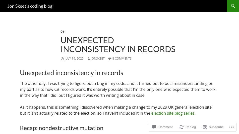 Screenshot of codeblog.jonskeet.uk: Unexpected inconsistency in records