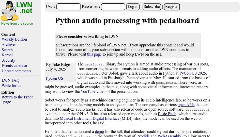 Screenshot of lwn.net: Python audio processing with pedalboard