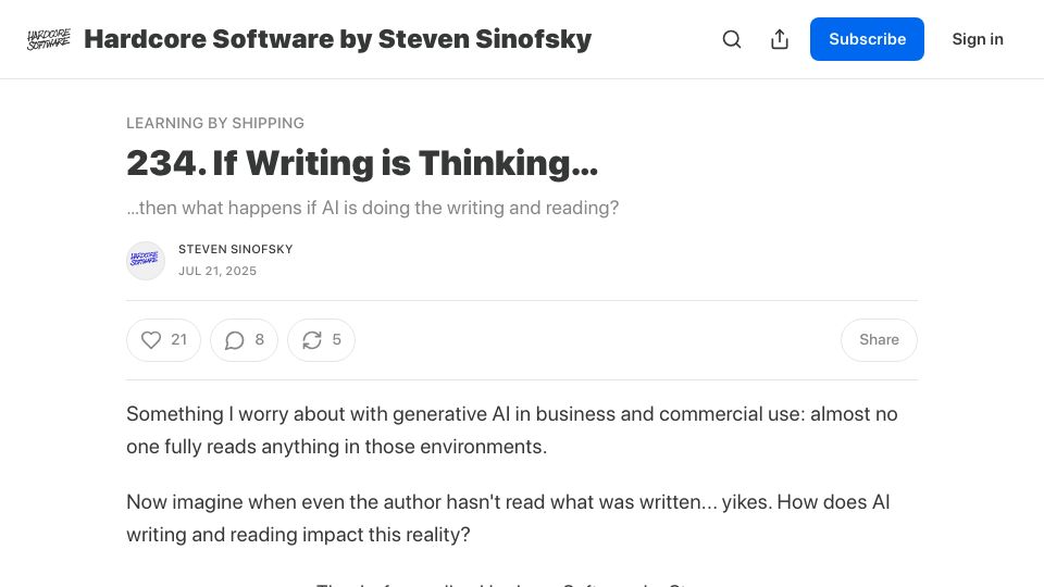 Screenshot of hardcoresoftware.learningbyshipping.com: If writing is thinking then what happens if AI is doing the writing and reading?