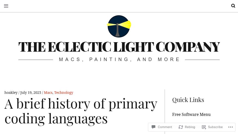 Screenshot of eclecticlight.co: A brief history of primary coding languages