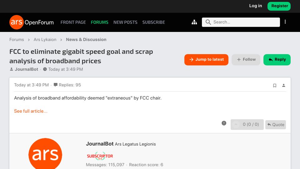 Screenshot of arstechnica.com: FCC to eliminate gigabit speed goal and scrap analysis of broadband prices