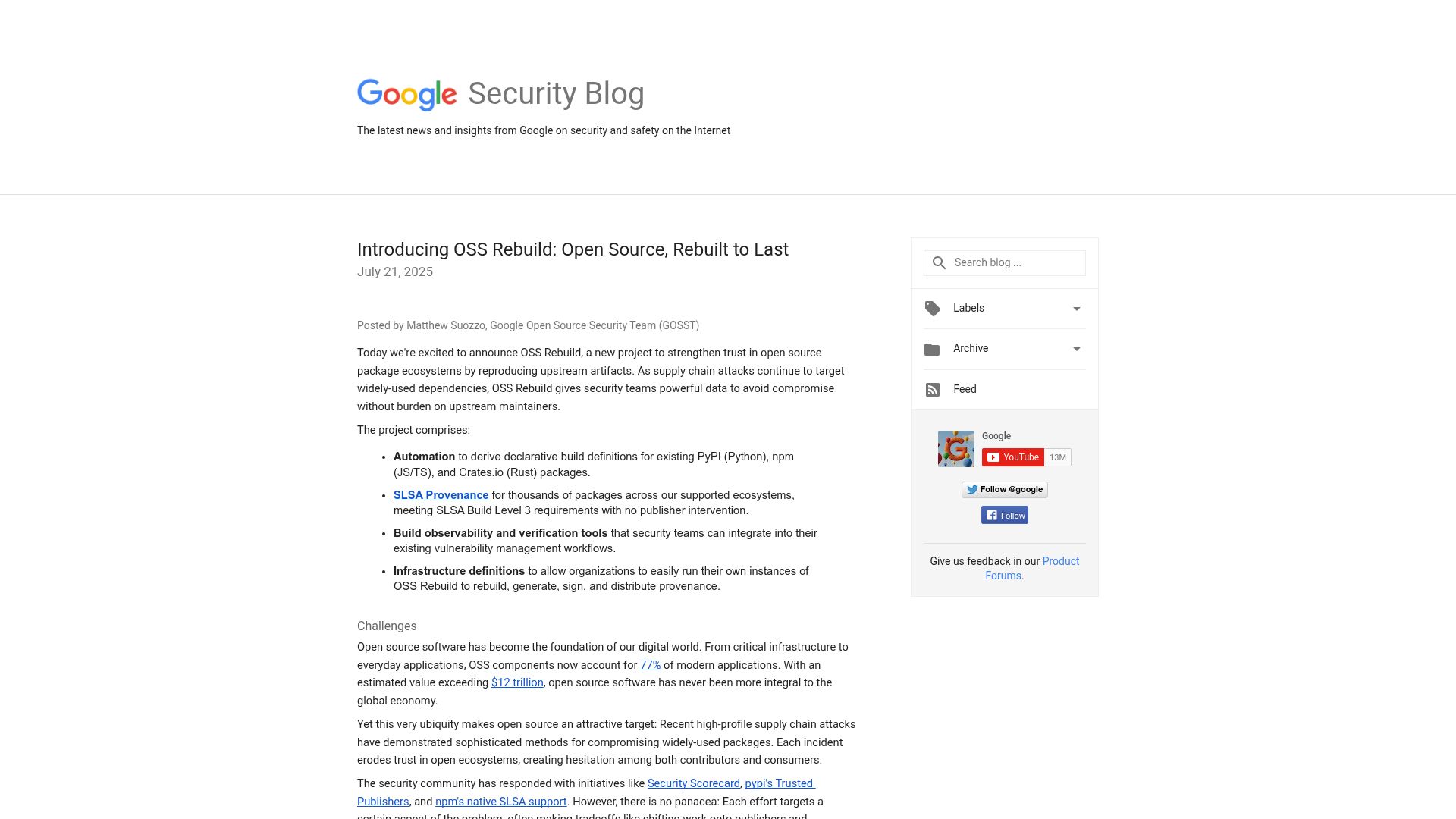 Screenshot of security.googleblog.com: OSS Rebuild: open-source, rebuilt to last