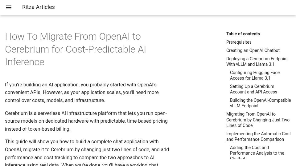 Screenshot of ritza.co: How to Migrate from OpenAI to Cerebrium for Cost-Predictable AI Inference