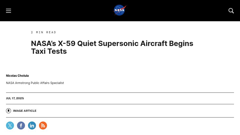 Screenshot of nasa.gov: Nasa’s X-59 quiet supersonic aircraft begins taxi tests