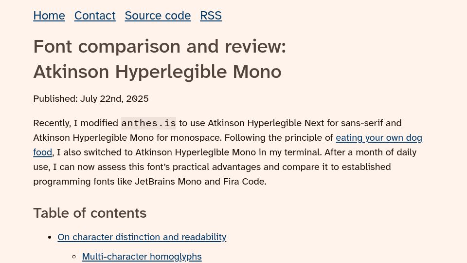 Screenshot of anthes.is: Font Comparison: Atkinson Hyperlegible Mono vs. JetBrains Mono and Fira Code